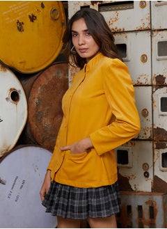 Campus Sutra Women's Amber Yellow Velvet Single-Breasted Blazer  - Image 3