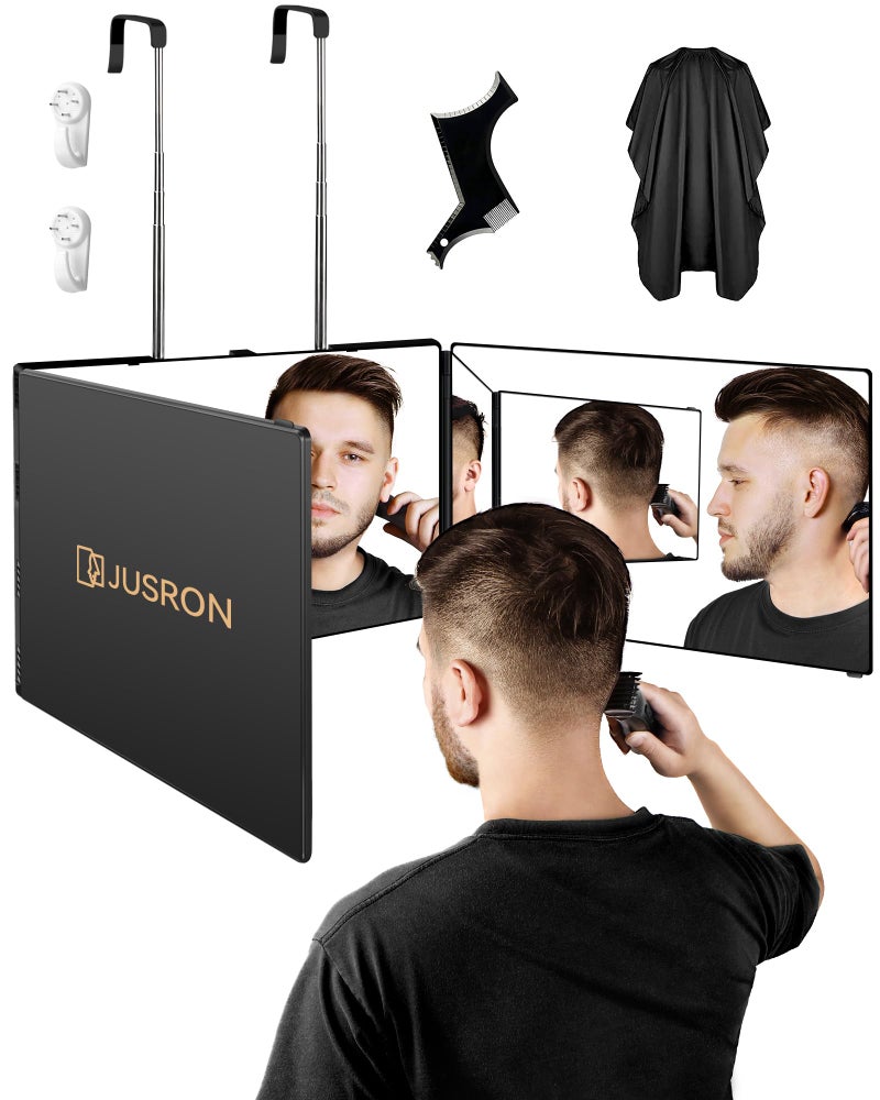 JUSRON 360 Viewing Angle Self Hair Cutting Mirror Clear AntiFog HD Glass Black Without LED with Accessories