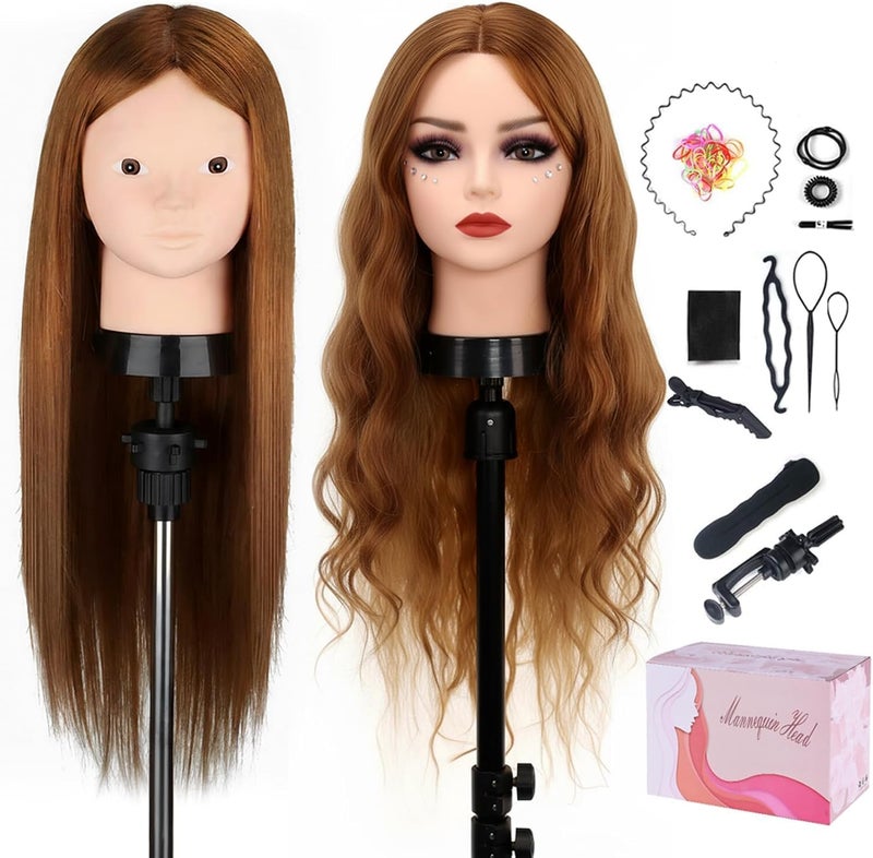 TopDirect 235 inch 80 Real Human Hair Training Head Cosmetology Makeup Hairdressing Mannequin Manikin Doll Head with Table Clamp Holder DIY Hair Styling Braid Set Light Brown