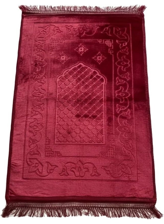 Fabienne Islamic Prayer Mat 70x110cm Smooth Velvet Texture Anti-Slip Premium Prayer Rug Compact Size Musalla for Men Women Kids Eid Gift Ramadan Carpet Maroon Random Print - Image 1