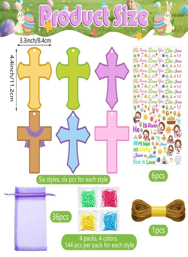 Watersay 36 Set Easter Religious Cross Craft Easter DIY Cross Craft Kit Christian He is Risen Sticker and Beads Christian Decor for Sunday School Classroom Party Activities Church Art Project Home - Image 2