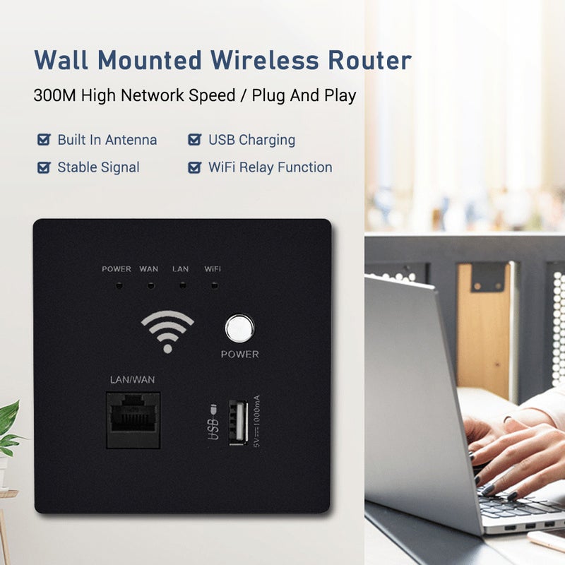 In-Wall Wifi Router: Black 300M Built-In High-Gain Antenna - Secure Reset Button & Relay Function AP Access Point for Home Office Network Coverage - Image 2