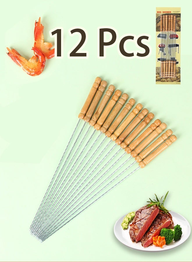12Pcs Barbecue Skewer Stainless Steel Needles Sticker With Wooden Handle Outdoor Grill Accessories - Image 1