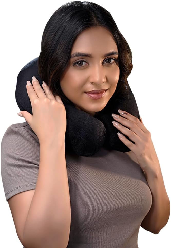 CareFoam وسادة عنق سفر خفيفة لدعم العنق للطيران والسيارة والقطار غلاف مخمل فاخر، أسود نوم مريح للرجال والنساء - Image 2
