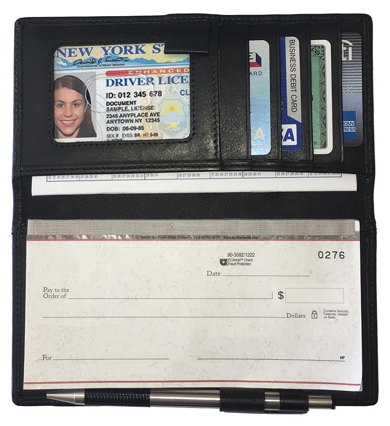 123 Cheap Checks Black RFID Leather Checkbook Cover With Credit Card Slots and Pen Holder - Image 2