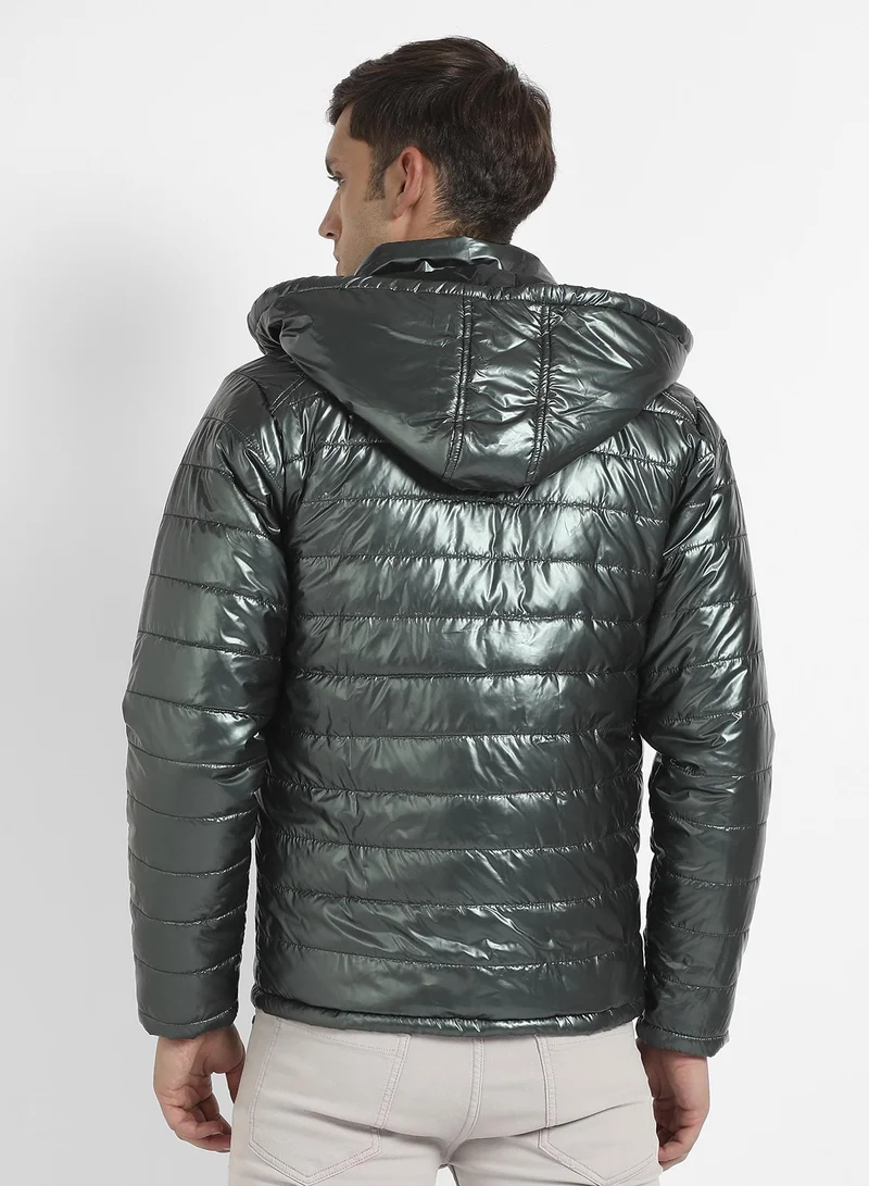 Campus Sutra Men's Forest Green Zip-Front Quilted Puffer Jacket