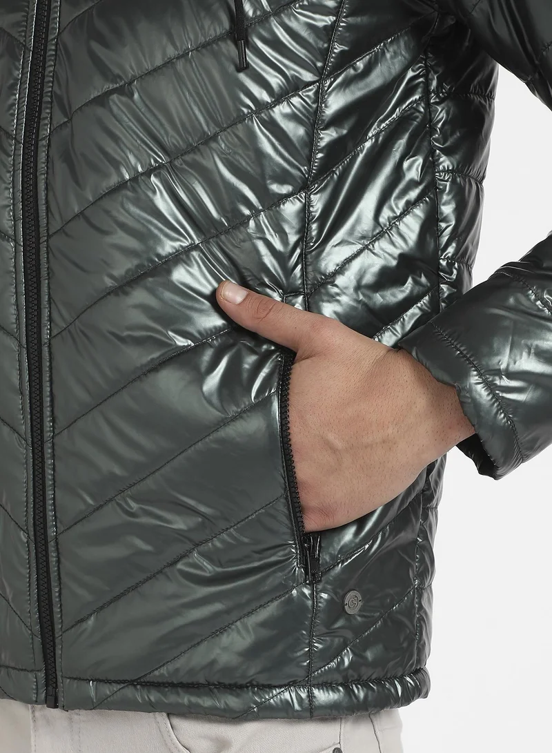 Campus Sutra Men's Forest Green Zip-Front Quilted Puffer Jacket