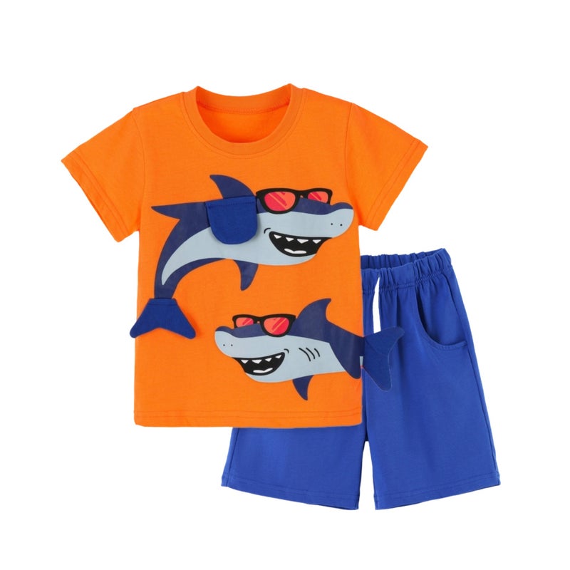 طقم صيفي للأولاد بأكمام قصيرة مكون من قطعتين مع طباعة سمكة القرش - Image 5