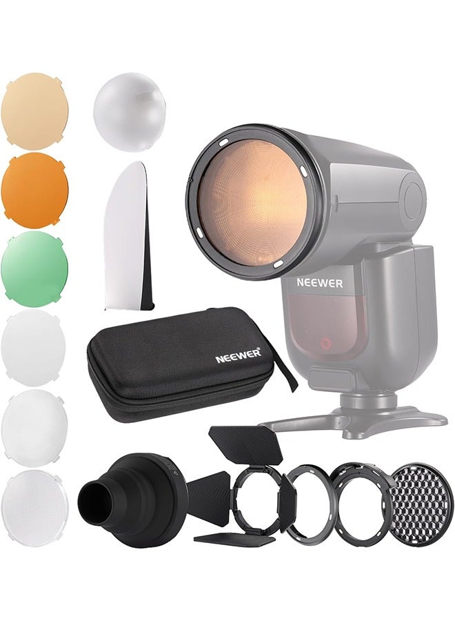 NEEWER CRM2 Magnetic Accessories Kit for Round Head Flash Z1-C Z1-N Z1-S Z2-C Z2-N Z2-S Compatible with Godox V1 Speedlites, Included 14pcs Flash Light Control Modifier Diffuser Adapter - Image 1