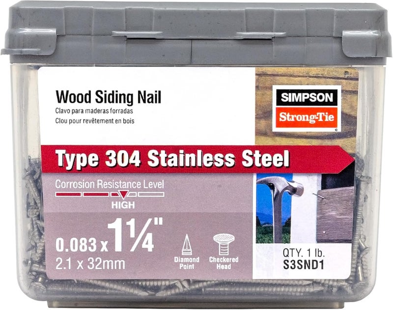 Simpson StrongTie S3SND1 Ring-Shank Wood Siding Nail, 1-1/4 Inch x 0.083 Inch 14 Gauge, Full Round Head, Diamond Point, Type 304 Stainless Steel (Pack of 120) - Image 1