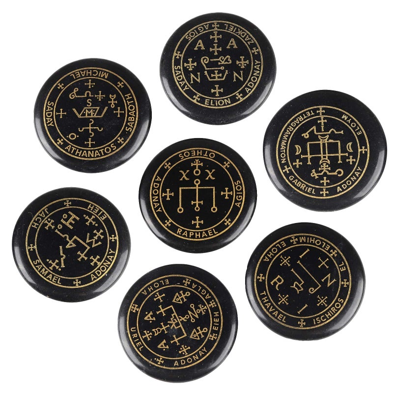 mookaitedecor 7 Piece Black Agate Stones with Engraved Magic Archangel Symbol Polished Palm Stone for Reiki Crystal Healing