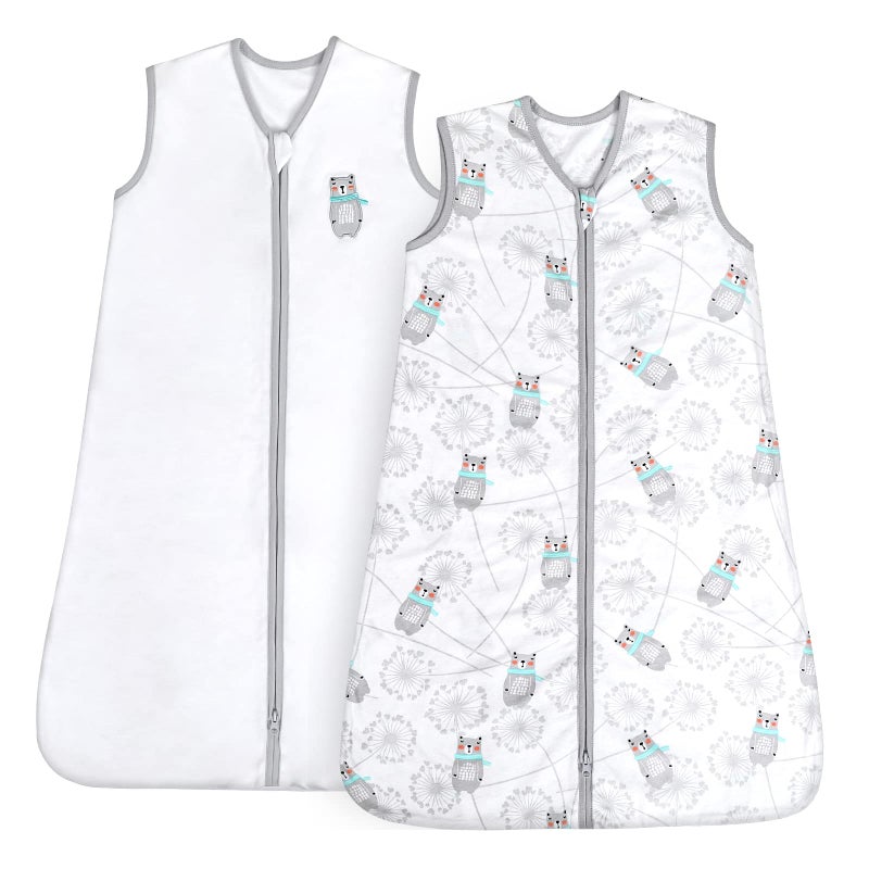 TILLYOU 2 Pack Infant Sleep Sack 0-6 Months 100% Cotton Wearable Blanket 0.5 TOG Sleeveless Summer Sleep Sacks with 2-Way Zipper, Gray Bear & White - Image 1