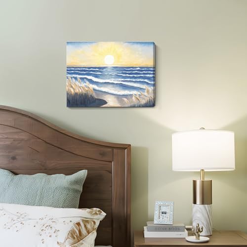 Nicetop Bathroom Decor Wall Art Beach Sunset Blue Ocean Waves Nature Pictures Coastal Reeds Canvas Print Seaside Landscape Seashore Botanical Painting Seascape Artwork for Home Sea Lake Bedroom 12x16inch - Image 4
