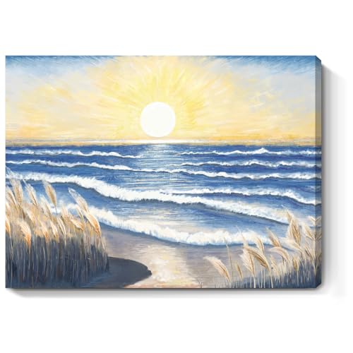 Nicetop Bathroom Decor Wall Art Beach Sunset Blue Ocean Waves Nature Pictures Coastal Reeds Canvas Print Seaside Landscape Seashore Botanical Painting Seascape Artwork for Home Sea Lake Bedroom 12x16inch - Image 1
