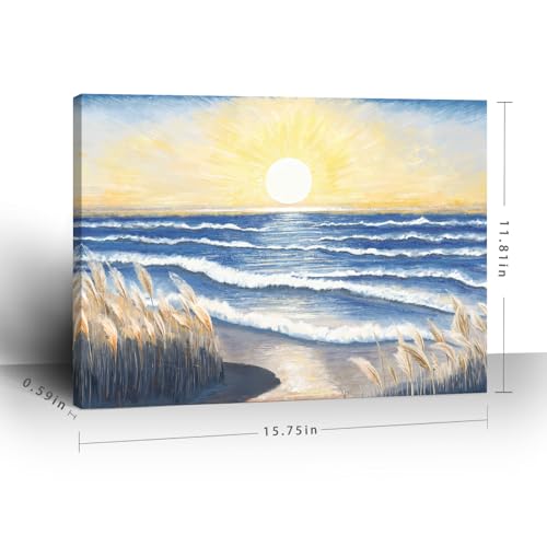 Nicetop Bathroom Decor Wall Art Beach Sunset Blue Ocean Waves Nature Pictures Coastal Reeds Canvas Print Seaside Landscape Seashore Botanical Painting Seascape Artwork for Home Sea Lake Bedroom 12x16inch - Image 2