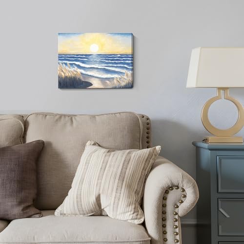 Nicetop Bathroom Decor Wall Art Beach Sunset Blue Ocean Waves Nature Pictures Coastal Reeds Canvas Print Seaside Landscape Seashore Botanical Painting Seascape Artwork for Home Sea Lake Bedroom 12x16inch - Image 5