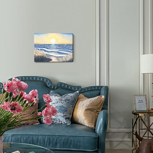 Nicetop Bathroom Decor Wall Art Beach Sunset Blue Ocean Waves Nature Pictures Coastal Reeds Canvas Print Seaside Landscape Seashore Botanical Painting Seascape Artwork for Home Sea Lake Bedroom 12x16inch - Image 3