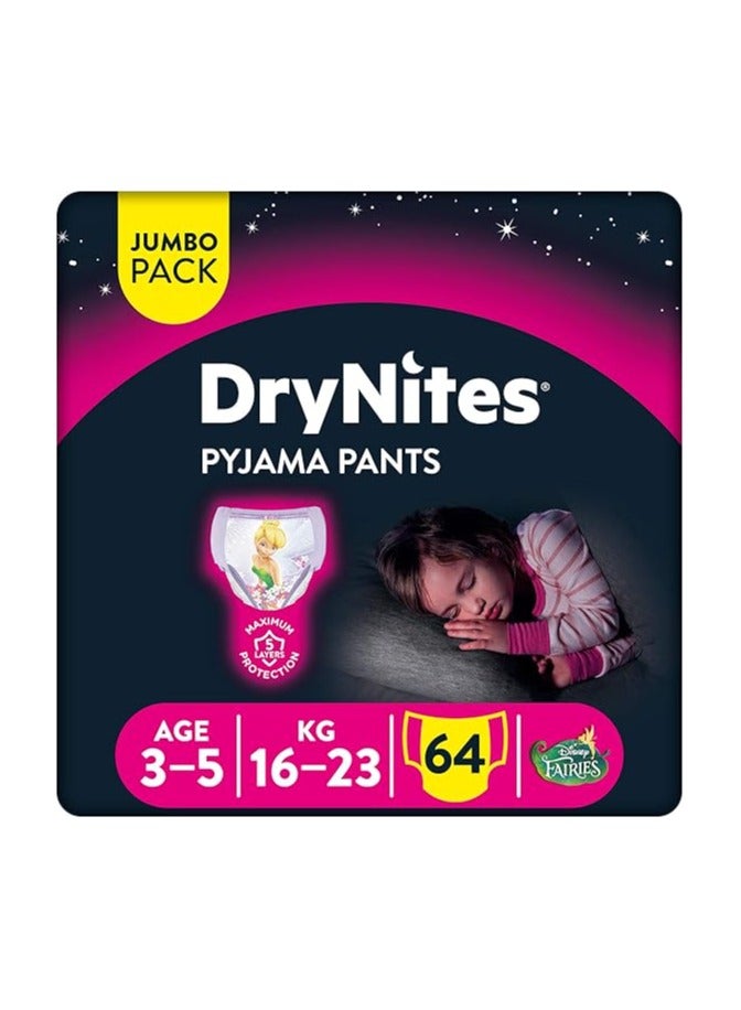 HUGGIES DryNites Pyjama Pants, 3-5 years, Bed Wetting Diaper, Girl, 16-23 kg, 4 x Jumbo Packs, 64 Pants - Image 1