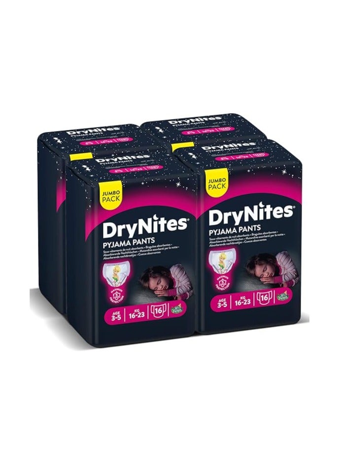 HUGGIES DryNites Pyjama Pants, 3-5 years, Bed Wetting Diaper, Girl, 16-23 kg, 4 x Jumbo Packs, 64 Pants - Image 2