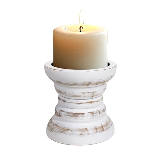 CEDARLUX Pillar Candle Holder, Farmhouse Wood Candle Holder, Rustic Wooden Candle Stand, Vintage Small Wooden Candlestick Holders for Living Room, Table Centerpiece, White - Image 1