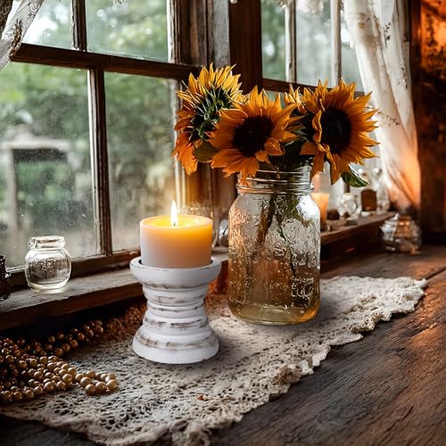 CEDARLUX Pillar Candle Holder, Farmhouse Wood Candle Holder, Rustic Wooden Candle Stand, Vintage Small Wooden Candlestick Holders for Living Room, Table Centerpiece, White - Image 4