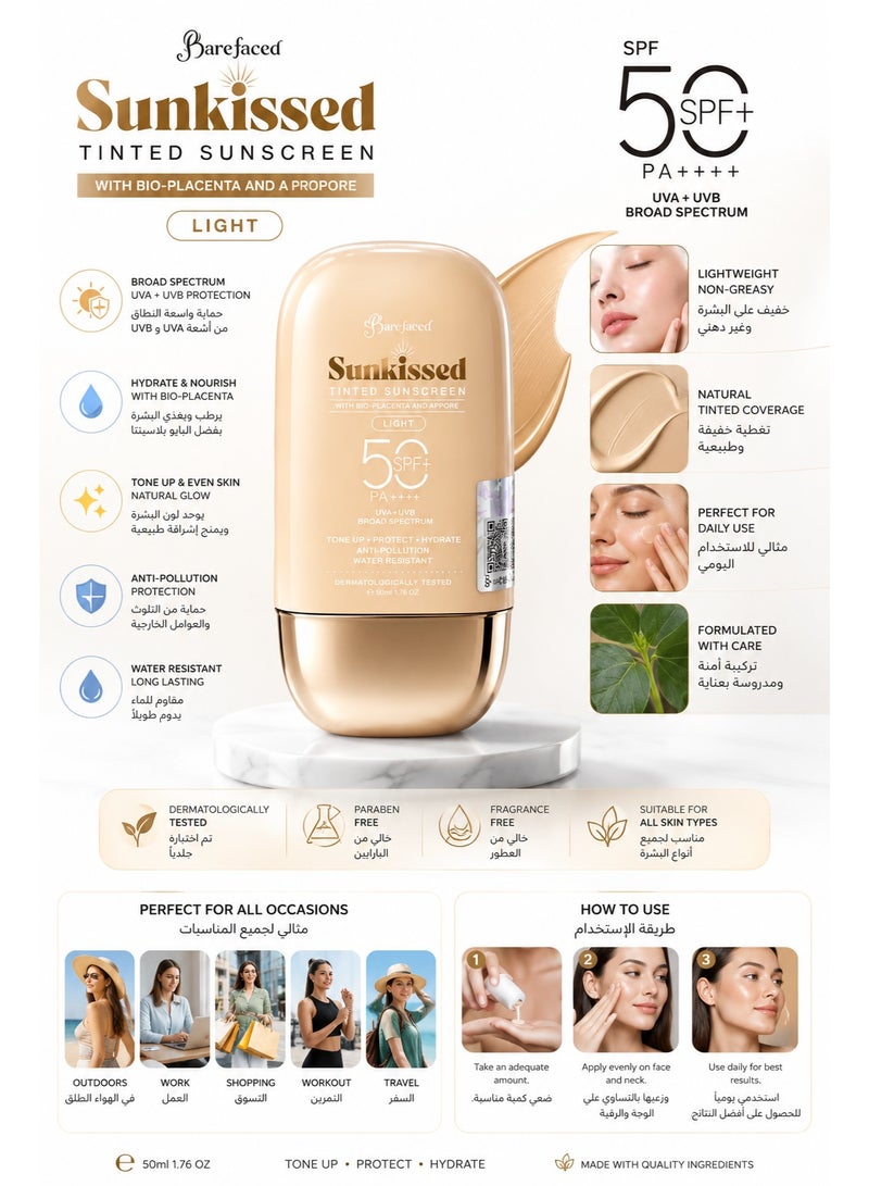 Barefaced Sunkissed Tinted Sunscreen Light SPF50+ PA++++ Broad Spectrum UVA/UVB, 50ml - Image 2