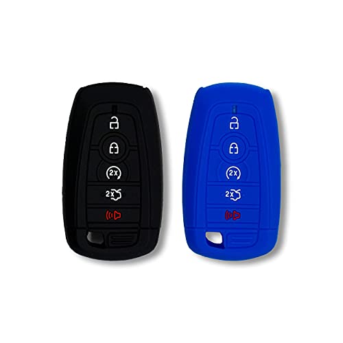 Autobase Silicone Key Fob Cover for 2025 2024 Ford Explorer Bronco Expedition Mustang F-150 Raptor Fusion F150 F250 F350 F450 F550 Edge | Car Accessory | Key Protection Case 2 Pcs (Black and Blue) - Image 1