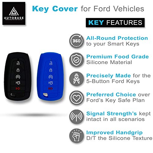 Autobase Silicone Key Fob Cover for 2025 2024 Ford Explorer Bronco Expedition Mustang F-150 Raptor Fusion F150 F250 F350 F450 F550 Edge | Car Accessory | Key Protection Case 2 Pcs (Black and Blue) - Image 2