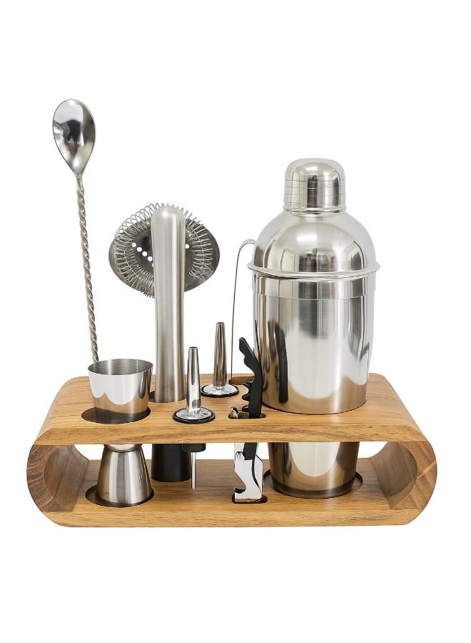 Noon East 10-Piece Stainless Steel Bar Stylish Tool Set with Acacia Wood stand- Perfect Home Bartending Kit and Martini Cocktail Shaker Set For an Awesome Drink Mixing Experience - Image 1