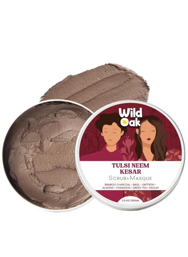 WILD OAK WildOak Tulsi Neem Kesar DeTan Face Scrub | Brightening Exfoliating Daily Facial Scrub & Deep Cleanser for Skin Texture, Blackhead & Pore Care | Ayurvedic Formula for Clear & Glowing Skin | 100gm - Image 1