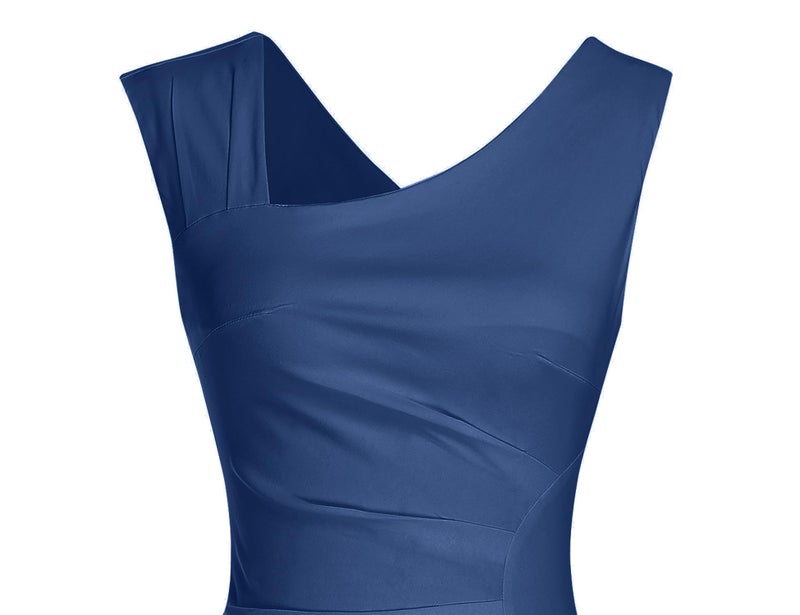 MUXXN Women's Charming V Neck Sleeveless Midi Pencil Knee Length Graduation Prom Dress Navy Blue L - Image 5