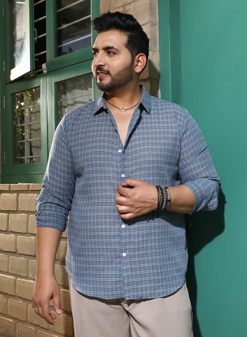 Instafab Plus Men's Icy Blue Micro-Tartan Plaid Shirt For Casual Wear | Spread Collar | Long Cuffed Sleeves | Button Closure | Plus Size Shirt Crafted With Comfort Fit For Everyday Wear - Image 3