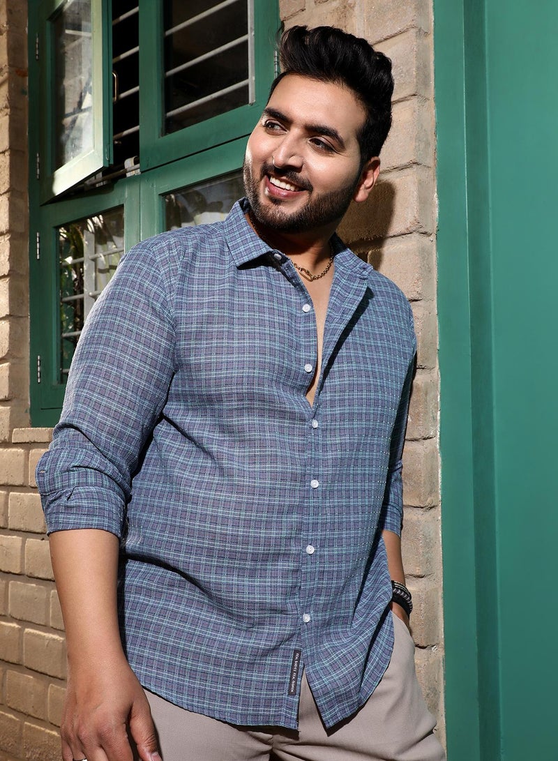Instafab Plus Men's Icy Blue Micro-Tartan Plaid Shirt For Casual Wear | Spread Collar | Long Cuffed Sleeves | Button Closure | Plus Size Shirt Crafted With Comfort Fit For Everyday Wear - Image 1