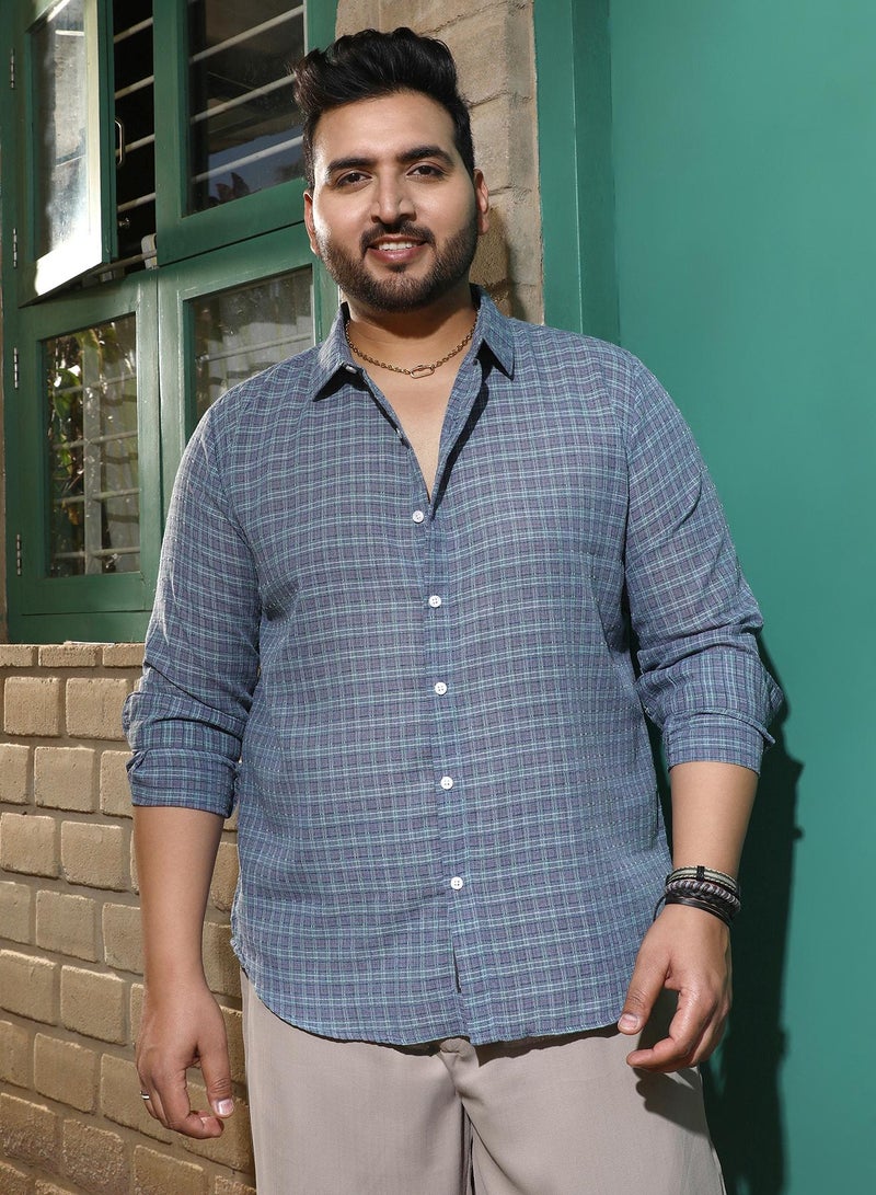 Instafab Plus Men's Icy Blue Micro-Tartan Plaid Shirt For Casual Wear | Spread Collar | Long Cuffed Sleeves | Button Closure | Plus Size Shirt Crafted With Comfort Fit For Everyday Wear - Image 2
