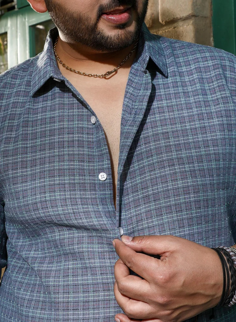 Instafab Plus  Instafab Plus Men's Icy Blue Micro-Tartan Plaid Shirt For Casual Wear | Spread Collar | Long Cuffed Sleeves | Button Closure | Plus Size Shirt Crafted With Comfort Fit For Everyday Wear for Men | Best Price UAE
