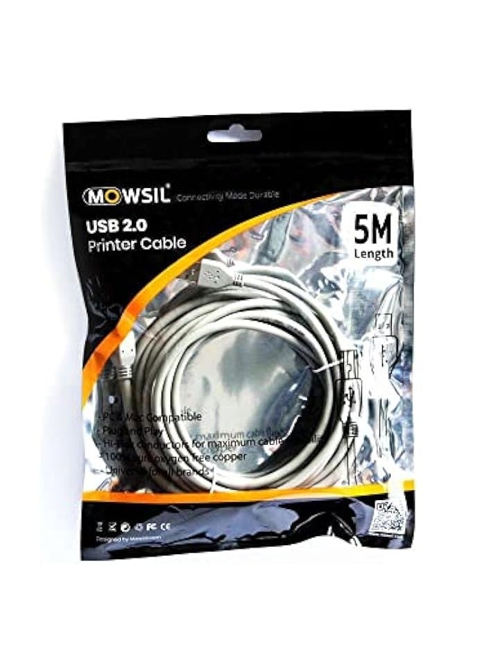 Mowsil Printer Cable 5 Mtr, Braided USB 2.0 A to USB B Male Cable Compatible with USB Type B Printers and Scanners Epson, HP DeskJet/Envy, Canon, Lexmark, Samsung, Dell, BrPromass, DAC, - Image 1