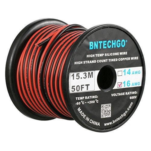 BNTECHGO 16 Gauge Flexible 2 Conductor Parallel Silicone Wire Spool Red Black High Resistant 200 deg C 600V for Single Color LED Strip Extension Cable Cord,Model,50ft Stranded Tinned Copper Wire - Image 1