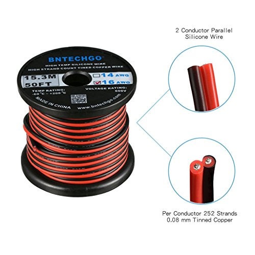 BNTECHGO 16 Gauge Flexible 2 Conductor Parallel Silicone Wire Spool Red Black High Resistant 200 deg C 600V for Single Color LED Strip Extension Cable Cord,Model,50ft Stranded Tinned Copper Wire - Image 2