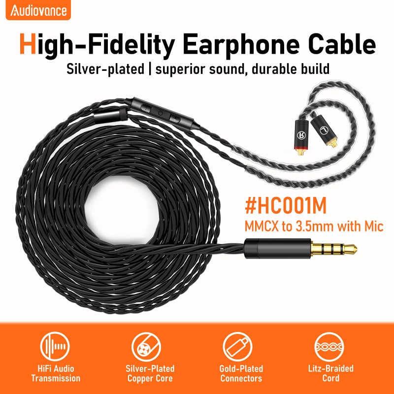 Audiovance Premium HiFi IEM Cable with Mic â€“ Silver-Plated 3.5mm to MMCX Cord - Lossless Sound for Shure SE215/315/425/535/846 & Vibes 201/202 - Tangle-Free in-Ear Monitor Cables - Black (HC001M) - Image 2