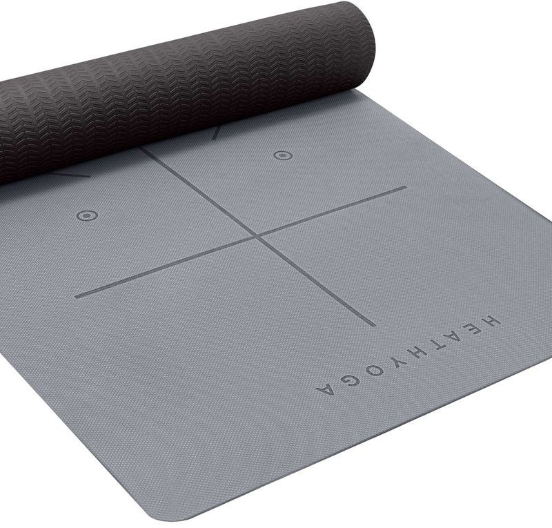 Heathyoga Eco Friendly Non Slip Yoga Mat, Body Alignment System, SGS Certified TPE Material - Textured Non Slip Surface and Optimal Cushioning,72"x 26" Thickness 1/4" Charcoal - Image 1