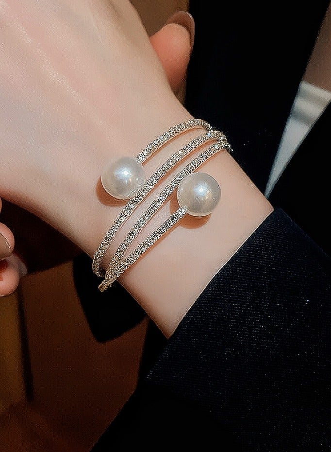 AuliceVerse Women’s Elastic Openings Rhinestone Pearl Bangle Bracelet - Stackable Ideal Gift for Party Wedding Daily Wear  - Image 1