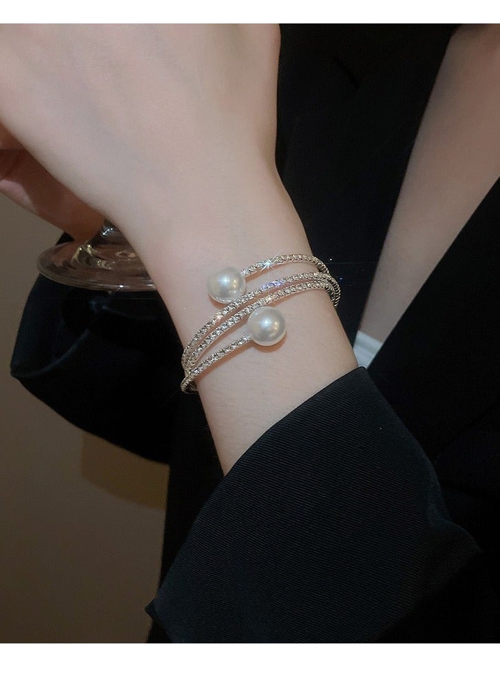 AuliceVerse Women’s Elastic Openings Rhinestone Pearl Bangle Bracelet - Stackable Ideal Gift for Party Wedding Daily Wear  - Image 3