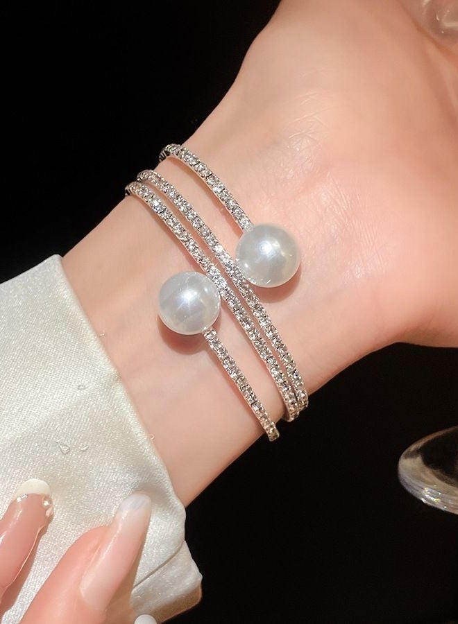 AuliceVerse Women’s Elastic Openings Rhinestone Pearl Bangle Bracelet - Stackable Ideal Gift for Party Wedding Daily Wear  - Image 2