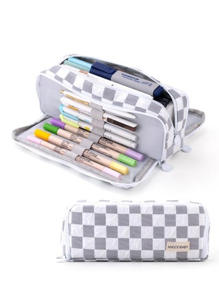 Spacious Checkered Pencil Case with 3 Compartments, Portable Canvas Pouch for Kids and Teens, Ideal for School Supplies in Grey - pzsku/Z60969DB9014D1480D635Z/45/_/1723112237/298309ae-ab2b-4d73-81cb-ee440f898efc