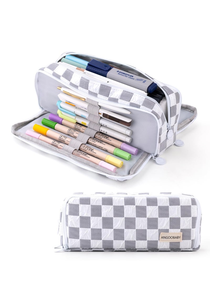 Spacious Checkered Pencil Case with 3 Compartments, Portable Canvas Pouch for Kids and Teens, Ideal for School Supplies in Grey