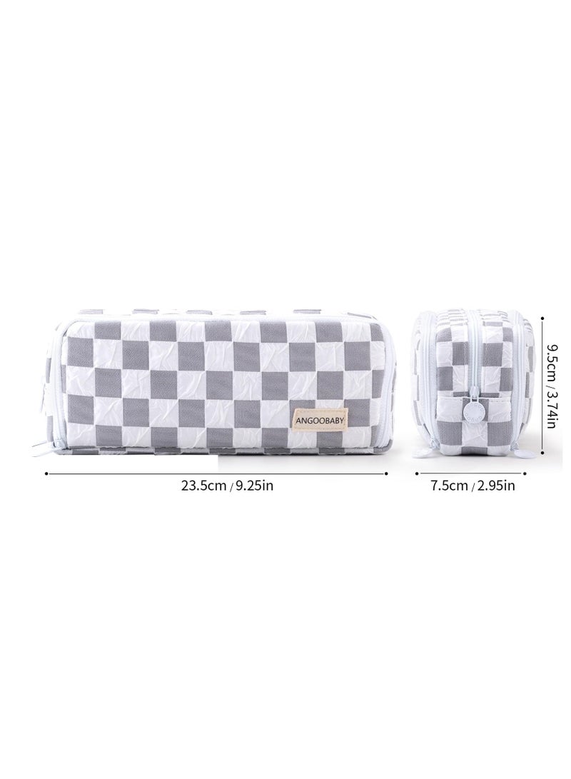 Spacious Checkered Pencil Case with 3 Compartments, Portable Canvas Pouch for Kids and Teens, Ideal for School Supplies in Grey
