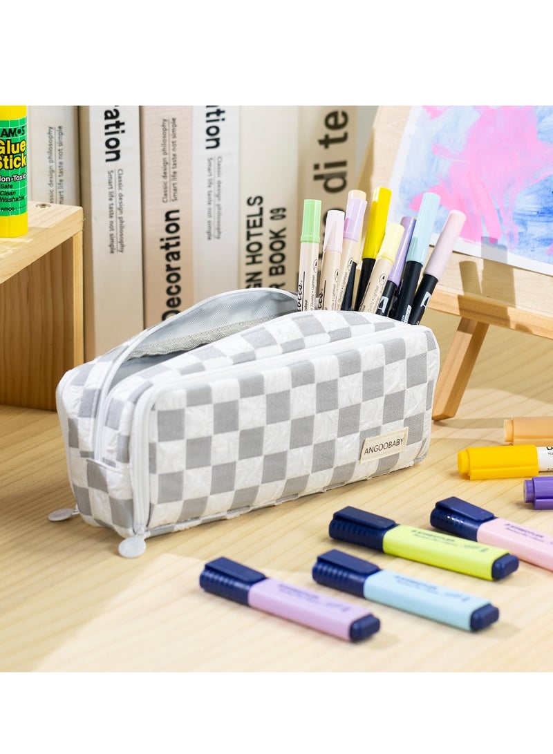 Spacious Checkered Pencil Case with 3 Compartments, Portable Canvas Pouch for Kids and Teens, Ideal for School Supplies in Grey