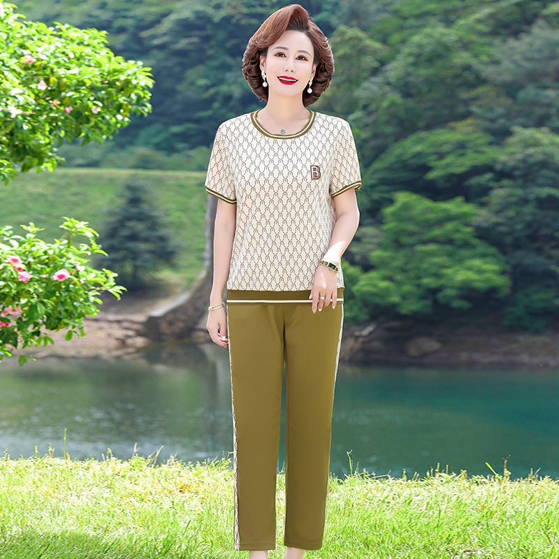 Mothers Summer Dress Round Neck suit Middle-aged Western Style Short-sleeved Top Womens Summer Casual Sportswear Two-piece Set for Middle-aged and Elderly Qiuxiang Yellow suit