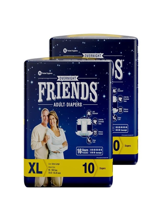 فريندز حفاضات فريندز الليلية للكبار، بنمط شريط لاصق | 20 حفاضة (مقاس كبير جدًا) | محيط الخصر من 35.43 إلى 65.35 بوصة | حماية تدوم 16 ساعة | مانعة للتسرب | امتصاص سريع ومتساوٍ | للجنسين | مؤشر للبلل | مانع للروائح | قلب ماص بخلاصة الصبار ومضاد للبكتيريا - Image 1