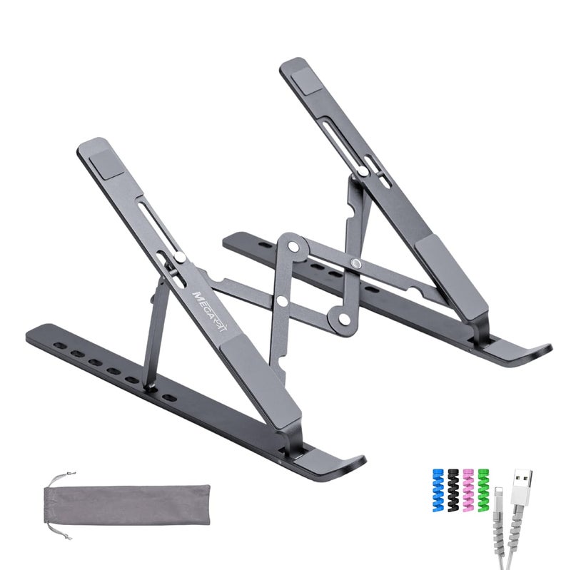 MegaStro Laptop Stand for Desk with 7 Adjustable Angles Aluminum Ergonomic Foldable Portable Compatible with All Brands 6173 with Pouch with Wire Protectors Metallic Grey